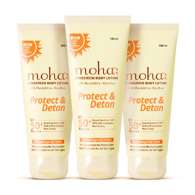 Image of Moha Body Sunscreen SPF 50+ PA++++ 100ml Pack Of 3 | New-Gen Photostable UV Filters | Water & Sweat Resistant Sunscreen Lotion | Broad Spectrum Sunblock | Tan Protection | Lightweight Non-Sticky.