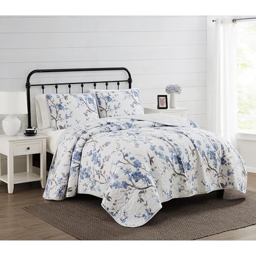 CANNON Kasumi Floral Quilt Set White and Blue Polyester 3-Piece