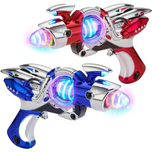 Playbees Light-Up Noise Blaster - Red & Blue 2 Pack - 11.5 Inches - Glow Spinning Space Sound Effects with Futuristic Power Galaxy Ranger FX for Party...