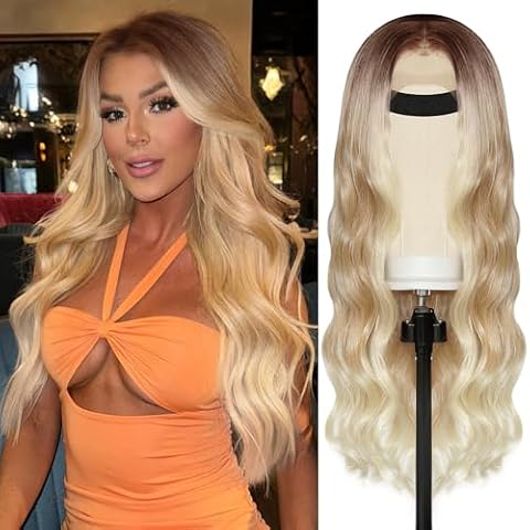 WOCO Long Ombre Blonde Wavy Wig for Women, 13×4 Blonde Synthetic Lace Front Wigs, Pre Plucked Curly Blonde Wig, Synthetic Heat Resistant Fiber Natural Looking for Daily Wedding Party Use 26'' Cover