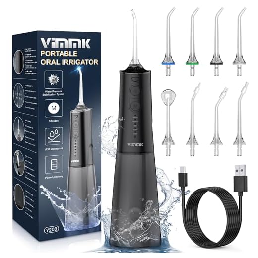 Irrigador Bucal Portatil, Vimmk Irrigador Dental Inalámbrico Profesional 8 Boquillas 5 Modos, IPX7 Impermeable 300ML USB-C Recargable Para Limpieza Dientes, Para el Hogar y los Viajes (Negro)