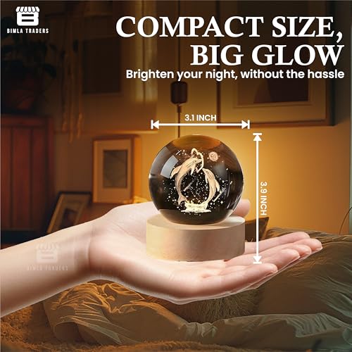 Image of 3D Dolphin Crystal Ball Night Lamp | Table LED Light with Wooden Stand for for Home Decor, Birthday Gift for Teens Boys and Girls | (Heart Dolphin)