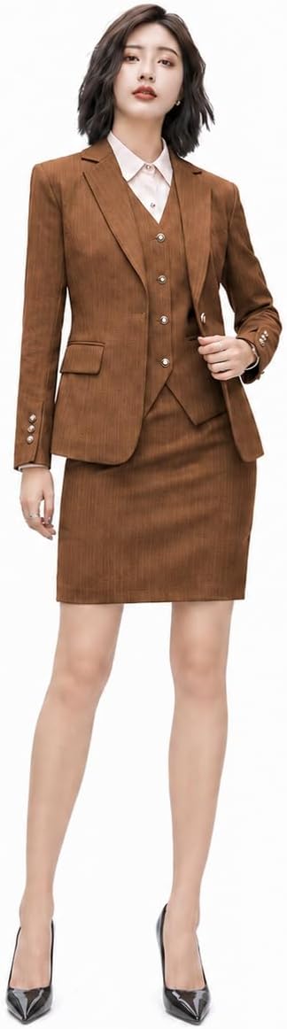 Btclosu Womens 3 Piece Striped Skirt Suit Set, Blazer Vest Pencil Skirt, Business Office Formal Suit