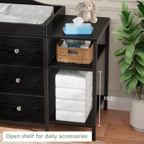 Image of BOLUO Baby Dresser with Changing Table Top, Black Changing Table Dresser with 6 Fabric Drawers Diaper Changing Station with Storage Shelf for Nursery Modern