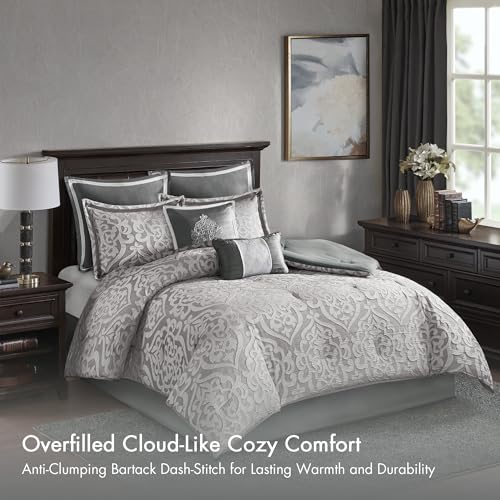 Image of Madison Park Odette Cozy Comforter Set Jacquard Damask Medallion Design - Modern All Season, Down Alternative Bedding, Shams, Decorative Pillows, Queen(90 in x 90 in), Silver 8 Piece | All Season Down Alternative Bedding with Comforter, Shams, Bed Skirt, Decorative Pillows, Silver