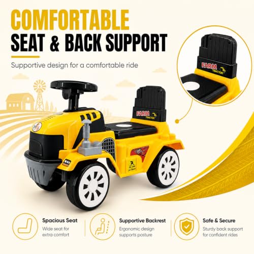 Image of Farm Tractor Ride On Toy for Kids 2-5 Years, Foot-to-Floor Manual Ride On with Comfortable Backrest, Easy-Grip Steering Wheel, Wide Wheels, Indoor & Outdoor Ride On Toy for Boys & Girls