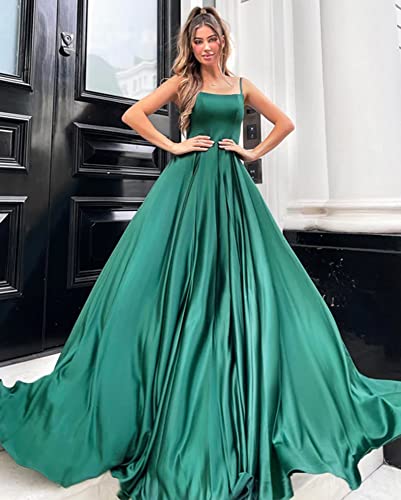 Spaghetti Straps Prom Dresses for Women Flowy Silk Satin Long Backless Pleated Formal Gown Evening Party4