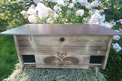 Igelfutterhaus 80cm x 40cm x 32cm Igelhotel 18mm Vollholz Witterungsbeständig Labyrintheingang easytouch-Rattenklappe und Boden (Edel geflammt, Ohne Fenster mit Boden)