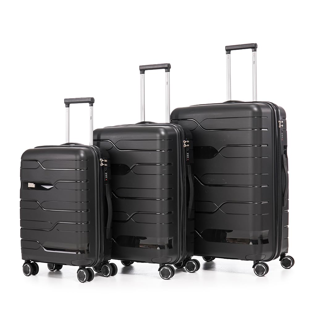1990s Juego de Maletas expandibles Polipropileno 3 Piezas|Maleta Cabina 55x38x22cm|Mediana expandible 65cm|Grande Extensible 75cm (Negro)