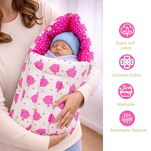 Image of Fareto Combo of Baby Nest | Net with Bed | Carry Bag | 4 Pcs Bedding Set(0-6 Months) (Fullset Nest) (Ele Pink)