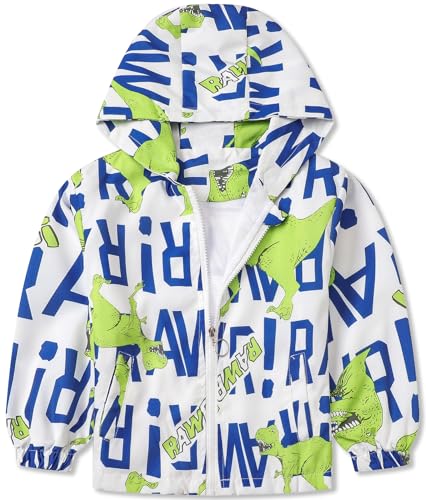 Betusline Kids Boys Dinosaur Hooded Zip Up Lightweight Jackets Windbreaker Casual Outerwear, 18 Months - 13 Years