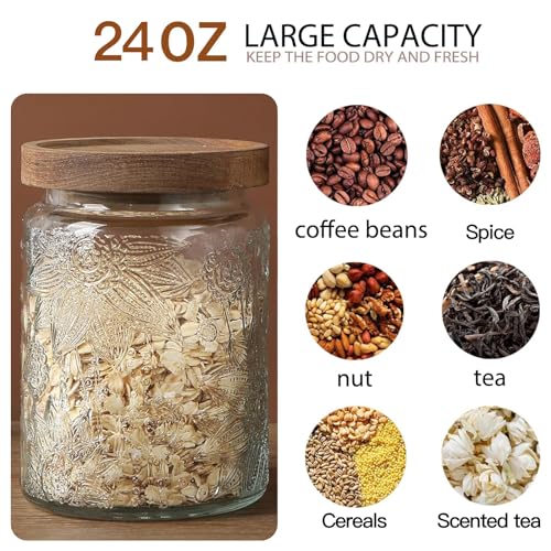 24 OZ Airtight Glass Storage Jar with Bamboo Lid - Vintage Glass Jar Vintage Food Containers Canisters Set for Kitchen Counter & Pantry - Ideal for Sugar, Flour, Coffee, Tea, Candy, Oats -4 Pack