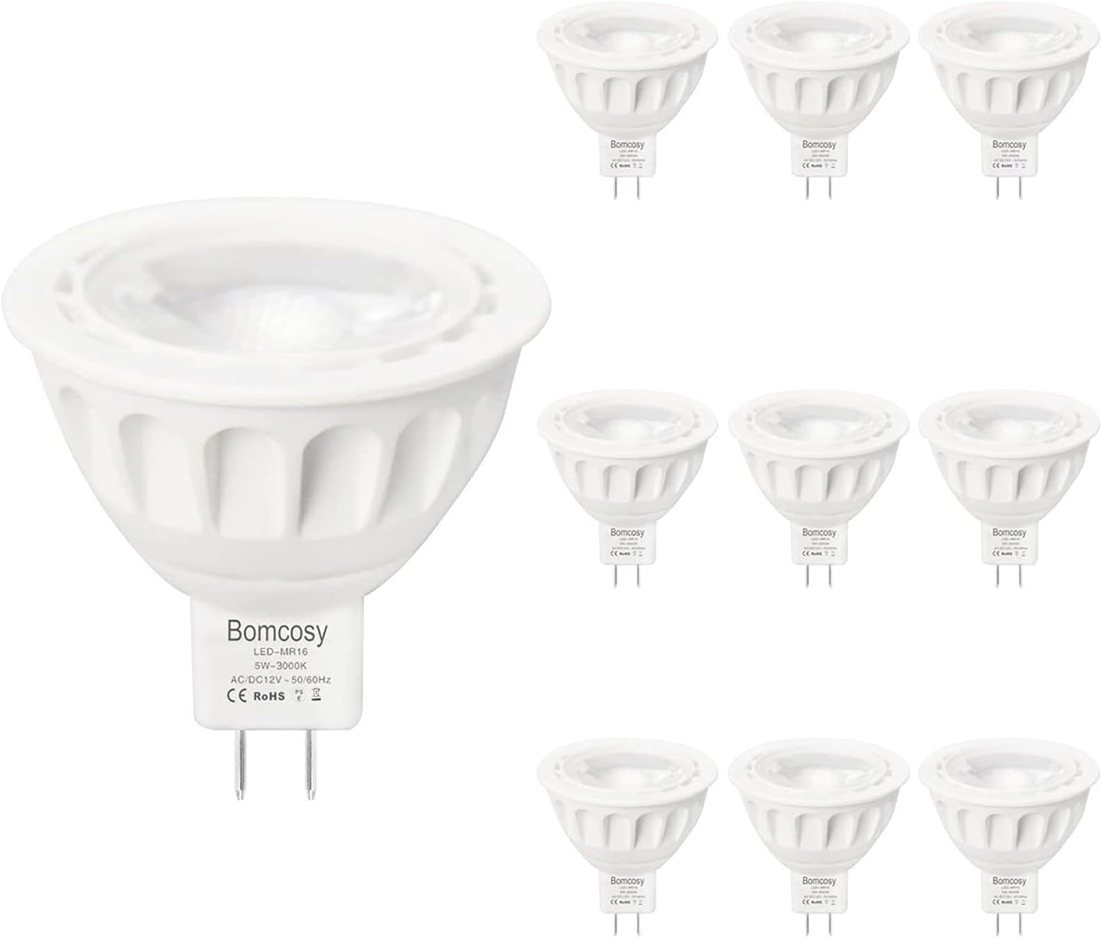 Bomcosy MR16 GU5.3 LED Light Bulbs-Pack of 10 Units, 5W LED Warm White 3000K, 50W Halogen Spotlight Bulbs Equivalent, AC/DC 12V, 420 Lumens, 35 Degree Focus Beam Angle, Non Dimmable