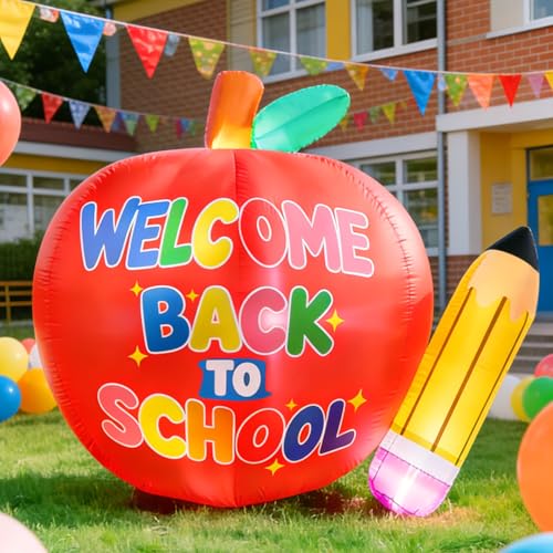 6.7 FT Long Back to School Inflatables Outdoor Decorations Apple & Pencil Blow up Yard Decor with LED Lights First Day of School Welcome Decoration for Preschool Kindergarten Party Indoor Lawn Patio