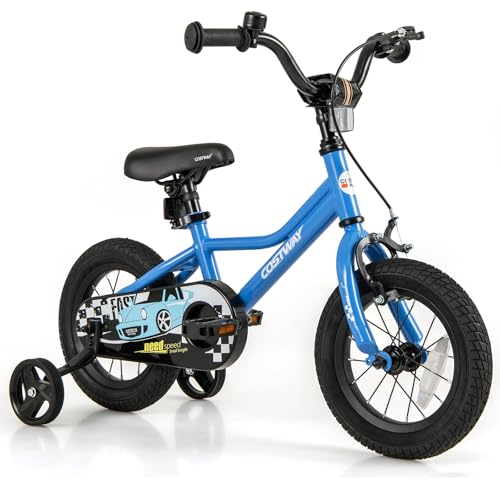 COSTWAY 12 Inch Kids Bike, Boys & Girls Training Bike w/Removable Training Wheels, Pneumatic Tires, Adjustable Handlebar & Seat, Dual Brake System, Children Toddler Bicycle for 3-8 Years Old, Blue