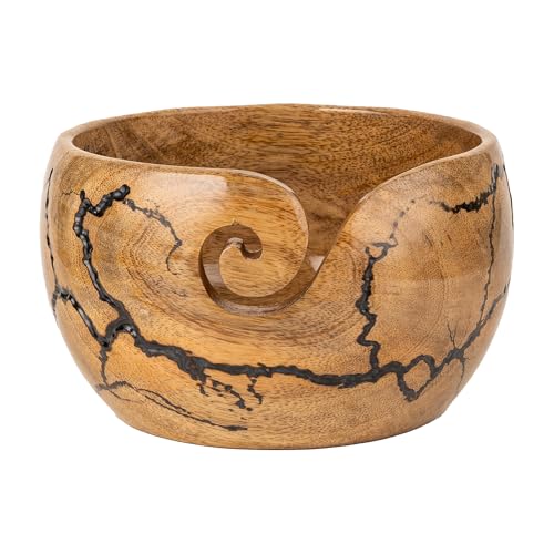 Image of Mangowood Yarn Bowl for Crocheting, Large 7x4 inch Cute Crochet Wooden Yarn Holder & Knitting Gadgets Supplies, Gifts for crocheters Handmade Bowl with Fractal Burning & Black Resin Inlay (M-Black)