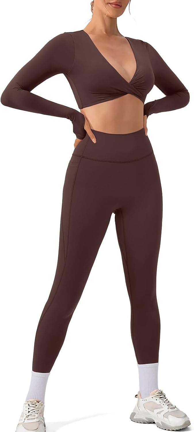 SUUKSESS Women 2 Piece Workout Sets Long Sleeve Twist Deep V Crop Padded Tops Yoga Leggings with Side Pockets (Dark Brown, L) - Image 3