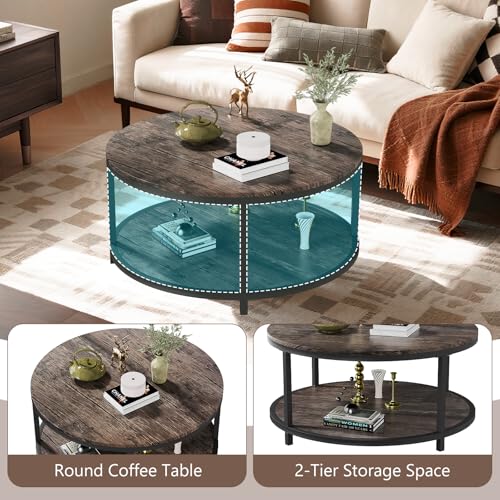 Image of Round Coffee Table 36 inch, 2-Tier Living Room Center Table with Storage Shelf, Rustic Wood Top & Sturdy Metal Frame, Modern Coffee Table for Family, Spacious Rooms, and Home Furniture (Light Walnut)