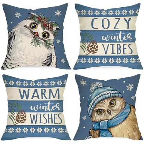 Ussap Warm Winter Wishes Snowy Owl Decorative Throw Pillow Covers 18 x 18 Set of 4, Blue Cozy Winter Vibes Stripes Cushion Case Decor, Christmas Pine Cone Snowflake Home Decoration for Sofa Couch Cover