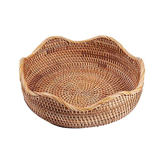 Azonee Hand-woven Basket Handmade Rattan Round Fruit Basket Round Serving Tray Fruit Bowl Bread Basket Food Storage Bowl Snack Serving Bowl Boho Home Décor Display Tray (10.2 Inch)