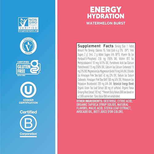 Image of Nuun Energy Electrolyte Tablets with Ginseng, Caffeine from Green Tea Extract, Vitamin B12, B6, B5, Magnesium & 4 Other Electrolytes, Gluten Free & Vegan, Watermelon Burst, 8 Pack (80 Servings Total)