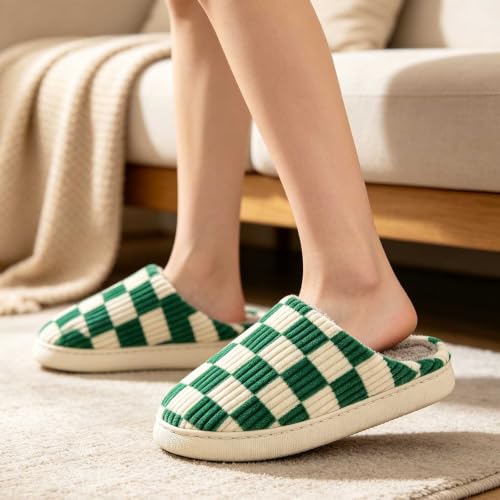 Image of Checkered Slippers for Women and Men - Fuzzy House Slippers with Memory Foam, Comfy Plush Fluffy Indoor House Shoes, Cozy Warm Slip on Bedroom Slippers with Non-Slip Sole