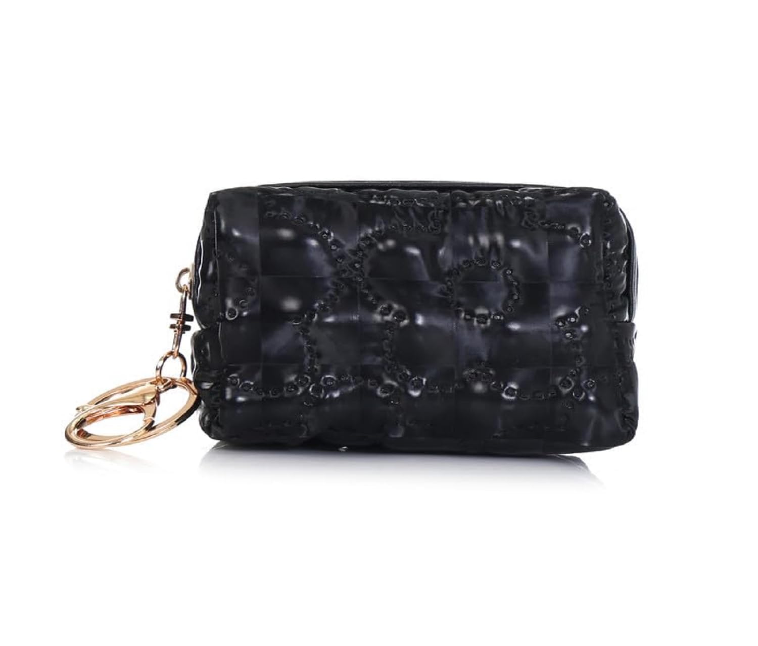 Small Quilted Coin Pouch for Women | Soft Padded Mini Zipper Wallet with Keyring | Single Compartment Essentials Holder Color-Black-image-19