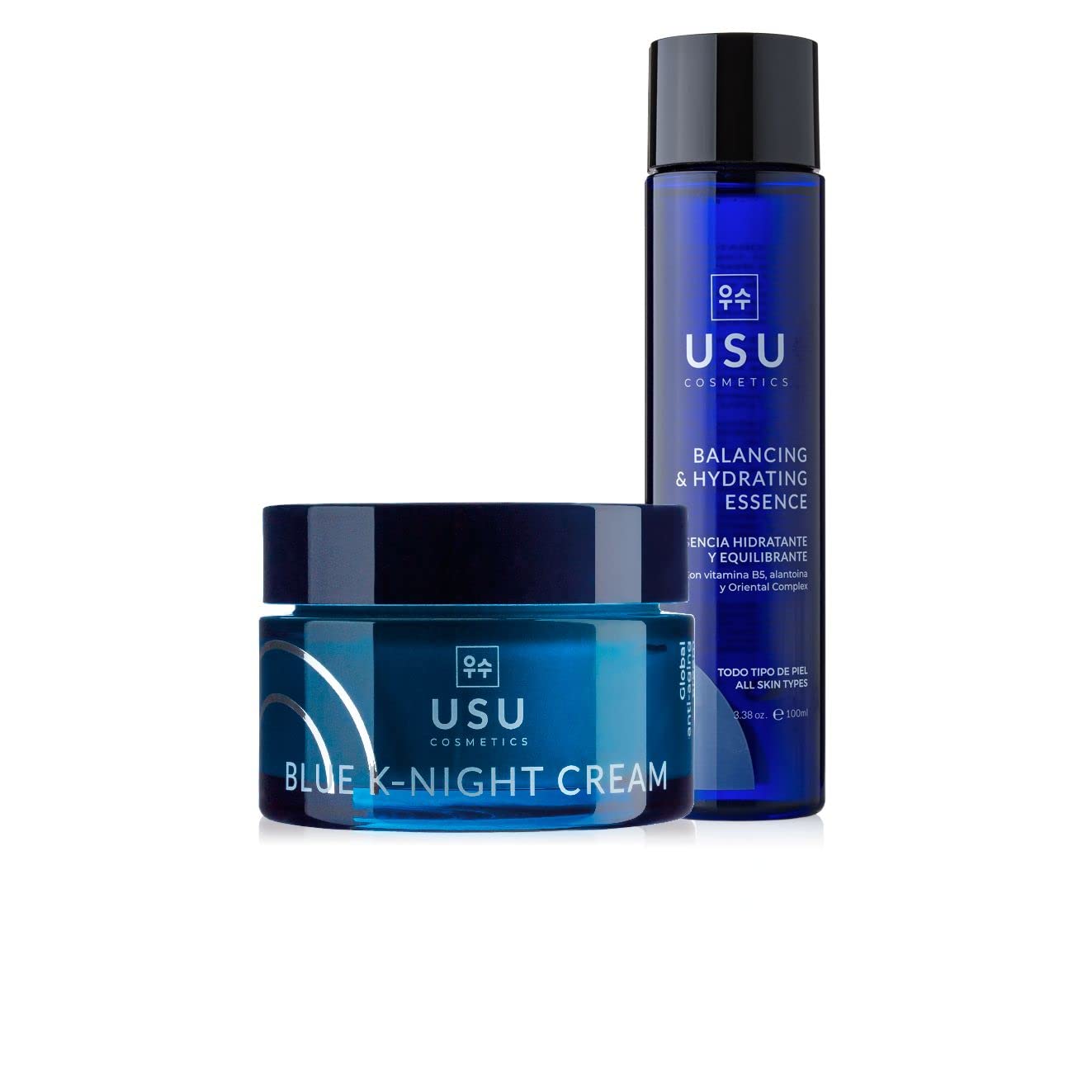 Pack de Rutina K-Beauty de Noche - Esencia Hidratante y Equilibrante + Crema Facial Antiedad Blue K-Night Cream - Combate el Envejecimiento Prematuro - Refresca e Hidrata- USU Cosmetics