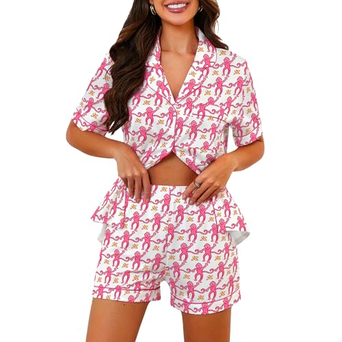 Ammiko Womens Pajamas Set Y2k Loungewear Pajama Button Down Top and Shorts Monkey Beach Short Sleeve Sleepwear Preppy