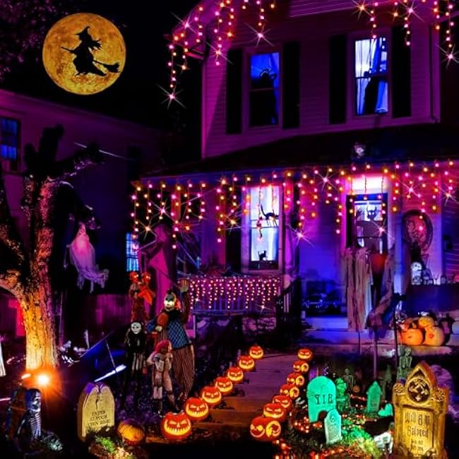 Hezbjiti 400LED Icicle Lights - 32.8FT Purple & Orange Fairy Lights for Eaves, Party, Yard & Garden - 8 Modes, 75 Drops, Outdoor Halloween Decor