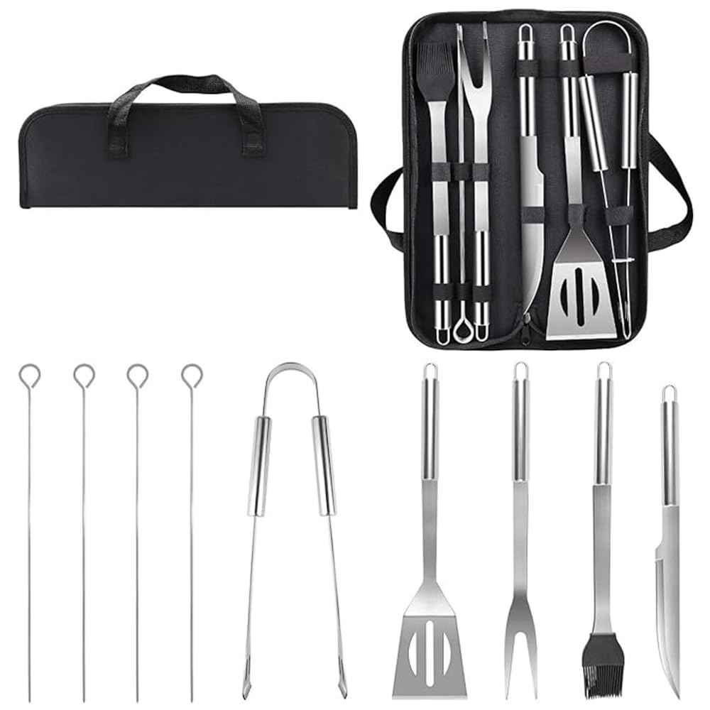TOMVAES BBQ Tool Set, Stainless steel Grill Tool Set with Spatula, Fork, BBQ Tongs, Brush, Storage Bag, Barbecue Utensils Set for Kitchen Outdoor Picnic Camping.