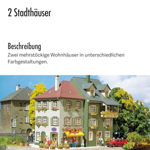 FALLER 2 Stadthäuser Modellbausatz mit 207 Einzelteilen 75 x 112 x 145mm, 68 x 91 x 134mm I Modelleisenbahn Zubehör H0 I Modelleisenbahn H0 Wohnhäuser, Divers
