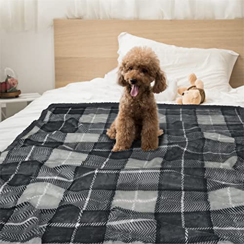 Petami Waterproof Dog Blanket For Medium Large Dog, Pet Puppy Blanket Couch Cover Protection, Sherpa Fleece Cat Blanket Sofa Bed Furniture Protector Reversible Soft Plush Washable 60X40 Plaid Charcoal #TOP5