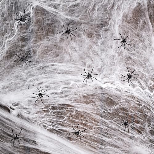 Teia-aranha de Halloween, 60 g teia de aranha Halloween, com 10 aranhas falsas, teias de aranha branca, teias de aranha decorativas de Halloween, Halloween de aranha assustador, para festa de