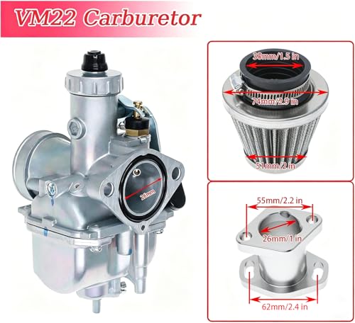 Image of 26mm VM22 Carburetor for Predator 212cc Honda GX160 GX200 196cc CT200U KT196 Moto Mini Bike and Go Kart 6.5HP Engine with 38mm Air Filter,Intake Manifold,Main Jets(Silver)