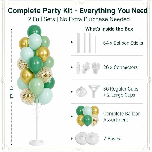 Image of Hiins Balloon Column Kit Set of 2 With Balloons Included - with Base,Pole,Balloon Tower Backdrop Decoration for Wedding, Baby Shower,Birthday Party,Bachelorette Parties (3xJade Green Gold)