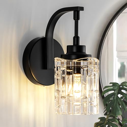 JSDORSY Matte Black Wall Sconce, 1-Light Bathroom Vanity Light Fixture with Clear Glass Shade,Modern Wall Light for Mirror Living Room Hallway Bedroom