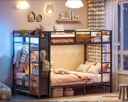 RALGEND Bunk Bed Twin Over Twin with Hall Tree, LED Bunk Beds with 2 Storage Drawers & Shelves, Twin Bunk Bed with Power Outlets, Guardrails and...