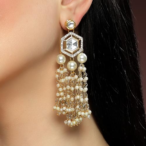 Image of Karatcart Gold Plated Designer Polki Kundan Drop Earrings for Women