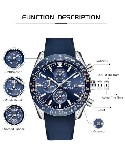 Image of BY BENYAR Watches for Men Analog Quartz Chronograph 30M Waterproof Luminous Big Face Mens Watches Business Work Sport Casual Fashion Designer Dress Men's Wrist Watches Elegant Gift for Men