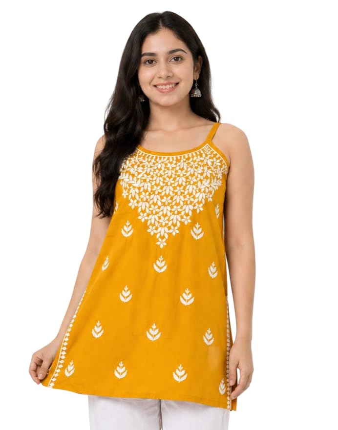 Image of Women's Chikankari Rayon Top Sleeveless Strappy Kurti | Embroidered A-Line Tunic for Women | Summer Ethnic Casual Wear Top with Spaghetti Straps