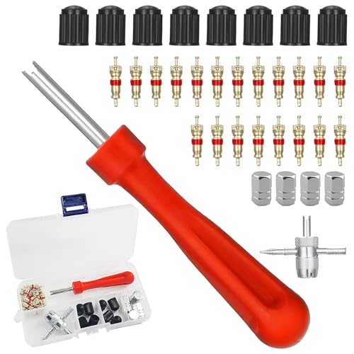 Horyue 34 Pcs Tyre Valve Repair Kit Schrader Valve Removal Tool Premium Valve Core Removal Tool Set with Caps Tyre Valve Removal Tool for Car Bike & Motorcycle