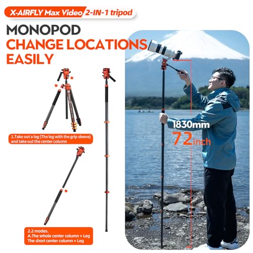 Image of Fotopro 67.3 inch Carbon Fiber Travel Tripod, Professional Heavy Duty Video Tripod with Hydraulic Spherical Pan-Tilt Flip Lock Max Load 22lbs, wih Monopod Phone Clip, X-AIRFLY Max Video Orange