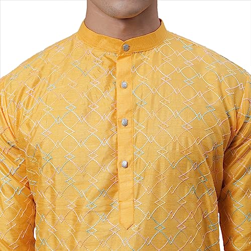 Image of SOJANYA (Since 1958 Men's Silk Blend NavyBlue Kurta with Multi Color Embroidery and Off-White Pyjama