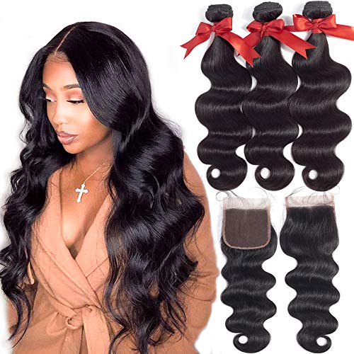 Alidiamond Brazilian Human Hair Body Wave Bundles with Closure (12 14 16+10 Inch) ,100% Unprocessed 8A Nature Black 4×4 Free Part Human Hair Weave 3 Bundles with Lace Closure.