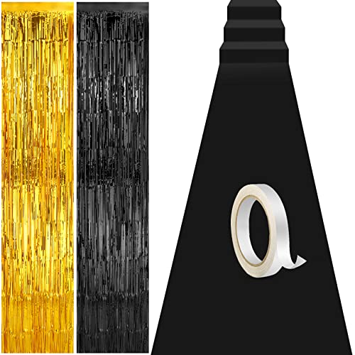 Tegeme Carpet Runner Aisle 2.6 x 30 Feet with Carpet Tape and 4 Pieces of 8.2 x 3.2 Feet Metal Tinsel Tassel Curtains for Halloween Birthday Wedding Party Decoration(Black)