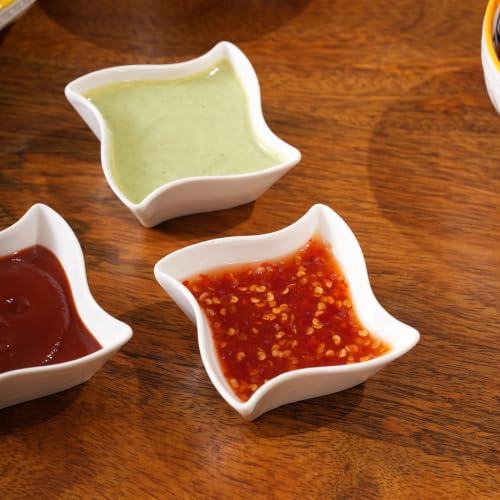 Image of HOME 360 Premium White Ceramic Dip Bowl Set of 3 | Wavy Square Mini Dishes & Condiment Serving Bowls | Elegant Pinch Bowls for Ketchup, Salsa, Chutney & DIps (3, Wavy DIp Bowls)