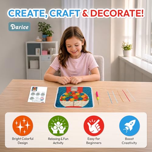 Image of Darice Latch Hook Rug Kit, Gumball Machine Design DIY Latch Hook Kit for Kids & Adults, Color Canvas, PreCut Yarn & Hook Tool, Craft Activity & Gift for Kids