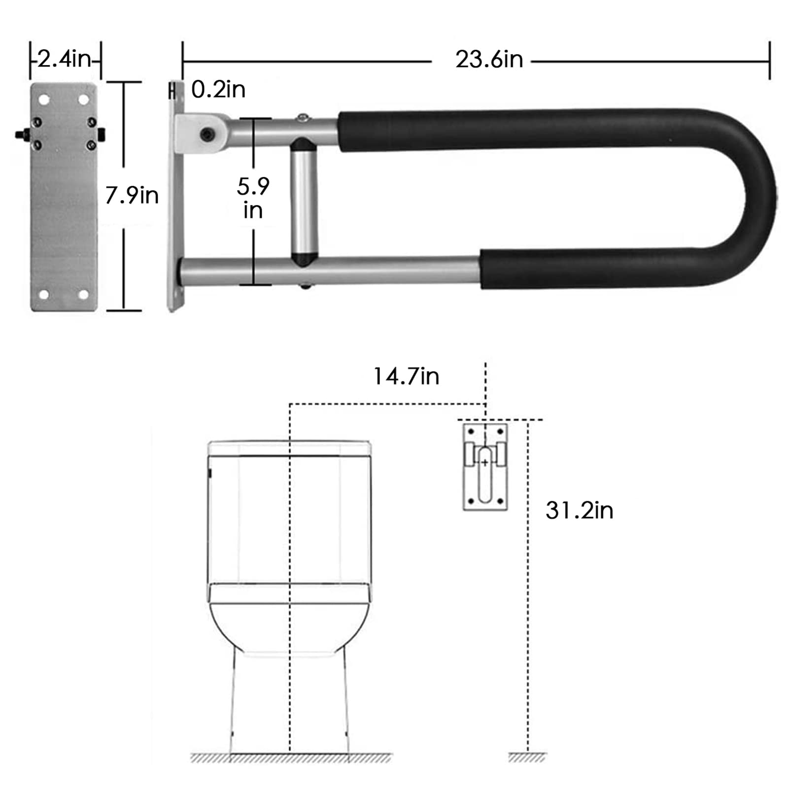 Barras de Apoyo para Inodoro, pasamanos Plegables para baño, abatibles, de Seguridad, de aleación de Aluminio, para Personas con discapacidad, para Personas Mayores y Embarazadas, Color Negro