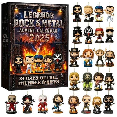 Legends of Rock & Metal Calendario de Adviento Heavy Metal 2025, calendario de cuenta regresiva de 24 días con figuras musicales icónicas 2D coleccionables, adecuado para Halloween y Navidad, regalos